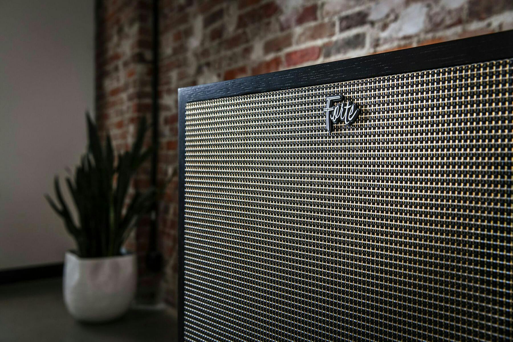 Forte IV black ash loudspeaker with grille up close against a brick wall