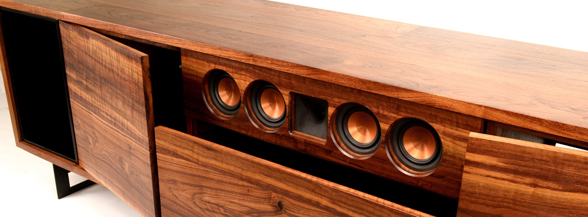 Custom built cabinet for Klipsch speakers in a home theater
