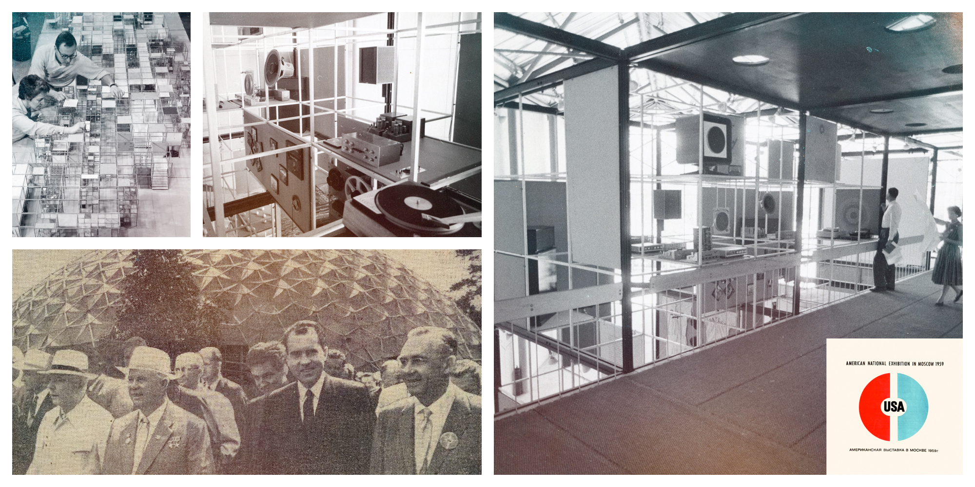 1958 Klipsch History Collage of vintage images people building models audio equipment on display American VP Nixon and others in front of geodesic dome