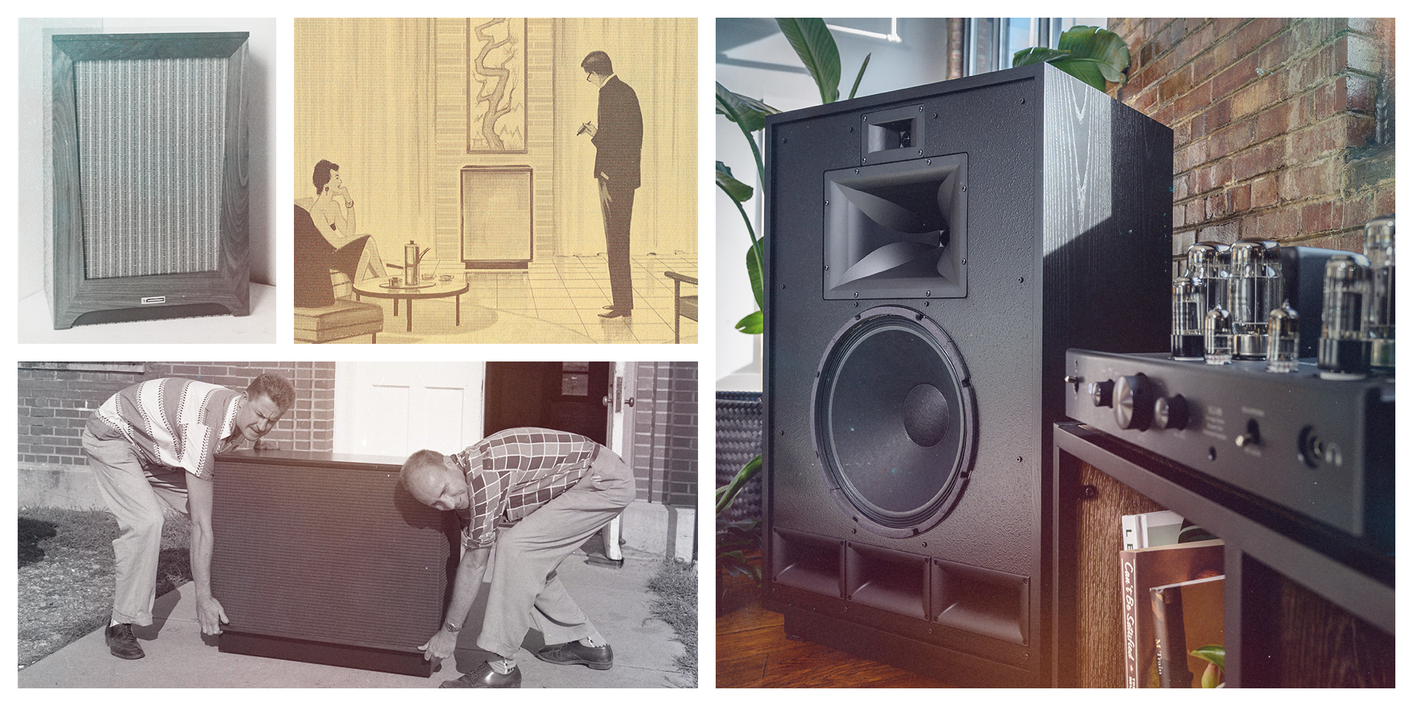 1959 Klipch History Collage of Cornwall images two men struggling to lift speaker antique illustration new iamge of Cornwall without grille