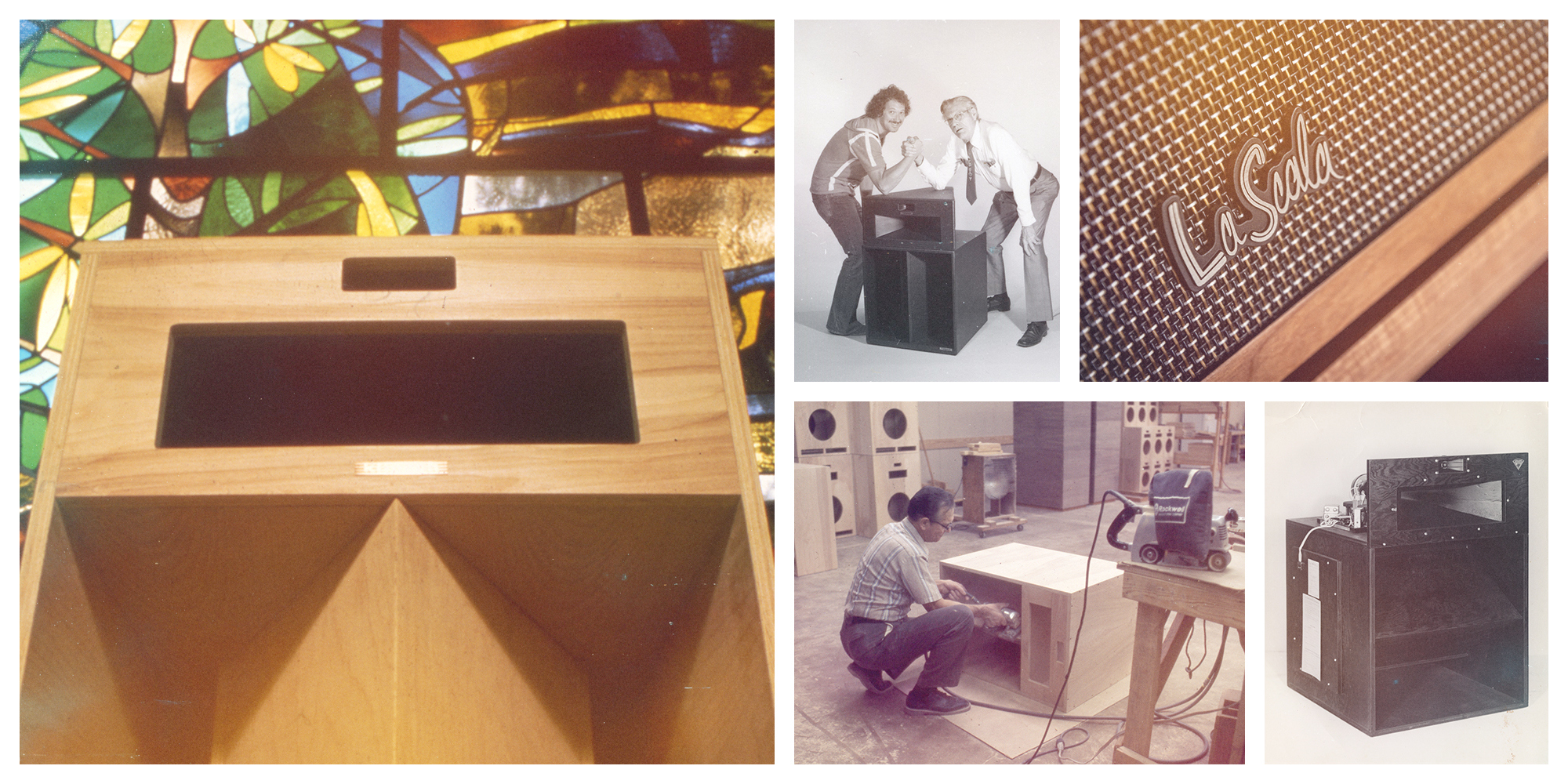 1963 Klipsch History Collage Closeups of the first La Scala and PWK advertising La Scala and La Scala being hand built