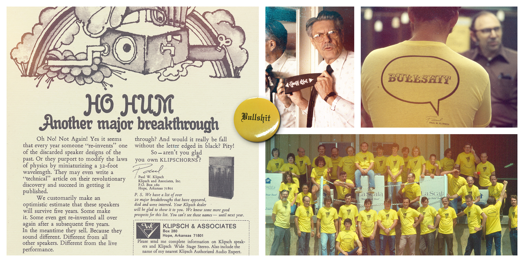 1965 Klipsch History Collage of old Klipsch Newsletter Yellow Bullshit button and people wearing yellow Bullshit shirts 2000x1000
