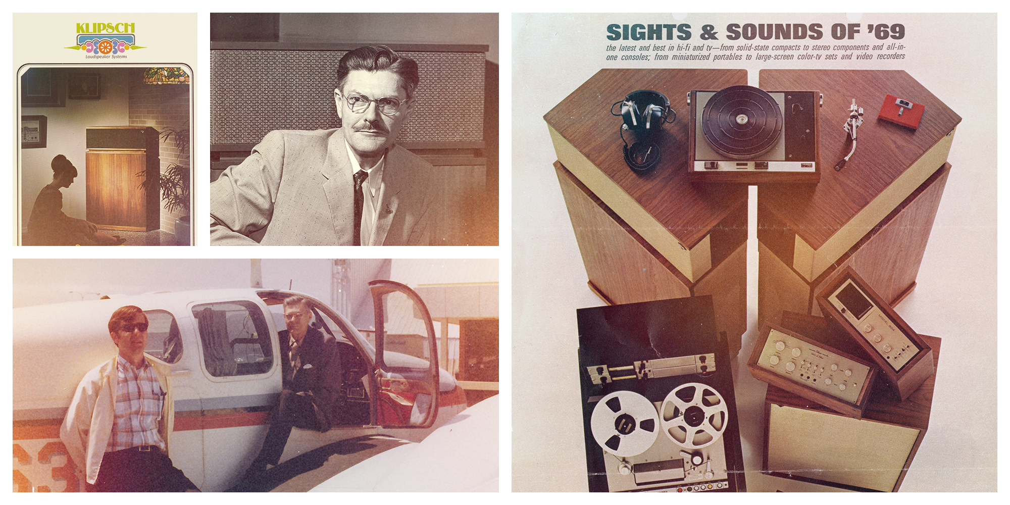 1969 Klipsch History Collage Paul Klipsch in front of a speaker PW Klipsch and Bob Moers in front of airplane two vintage Klipsch ads featuring Klipschorn and Heresy speakers