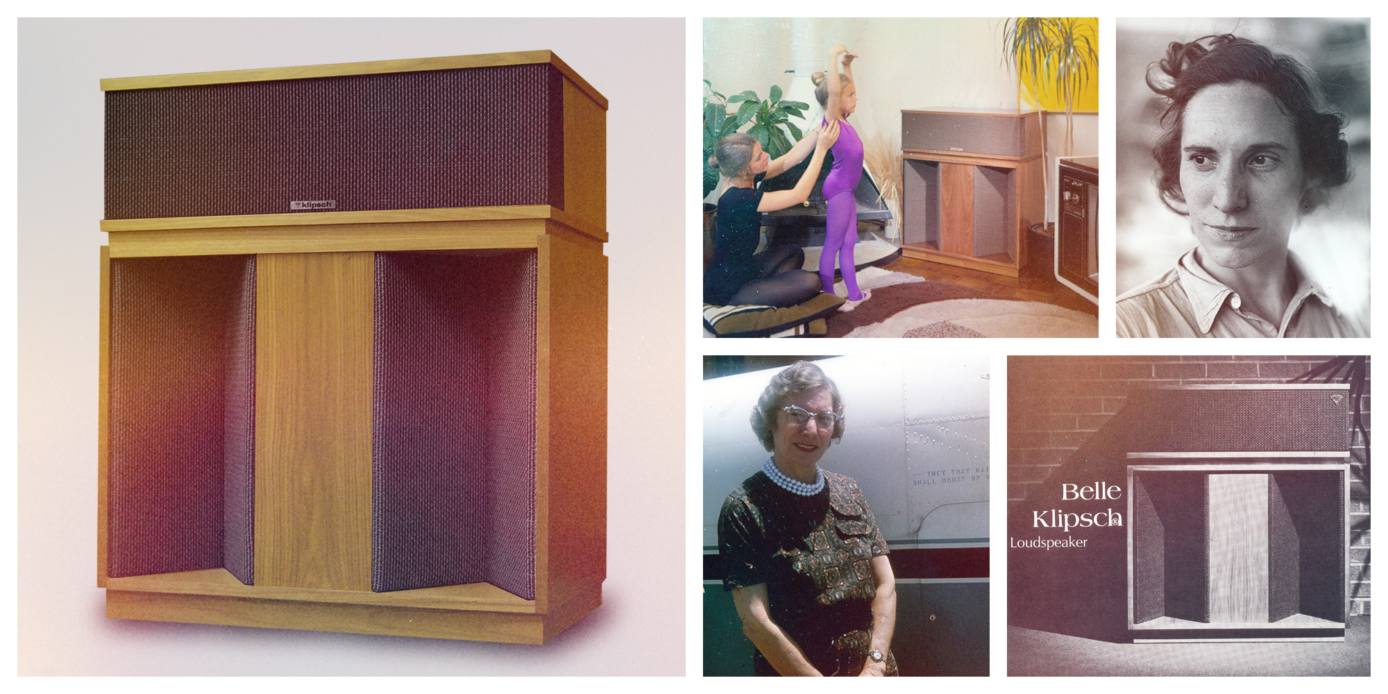 1971 Klipsch History Collage of images Eva Belle Klipsch antique ads Belle Klipsch loudspeaker product shots 2000x1000