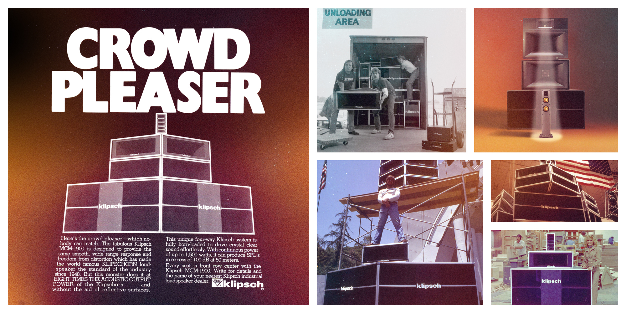 1977 Klipsch History Collage Crowd Pleaser Ad Guys unloading semi truck large scale Klipsch cinema and venue projects 2000x1000