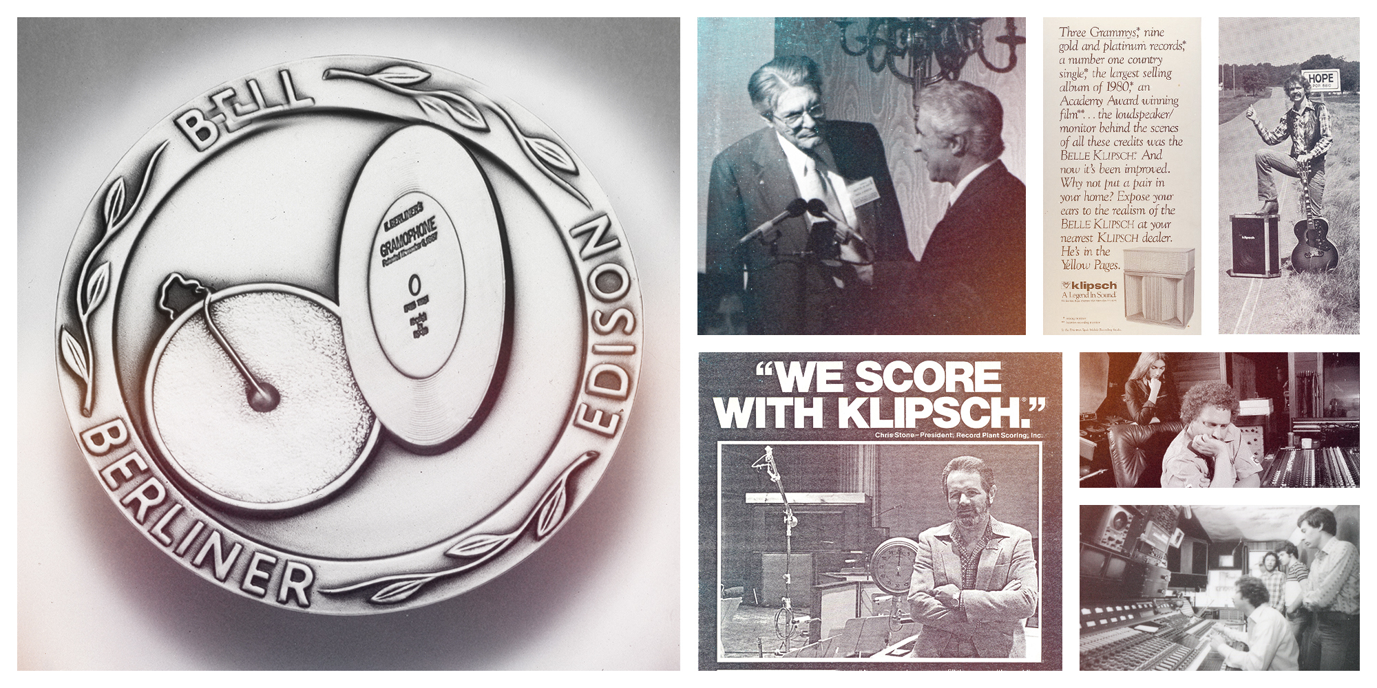 1978 Klipch History Collage of images Audio Engineering Society Silver Medal Paul Klipsch being awarded vintage ads vintage recording studio with sound tech or producer and speakers 2000x1000