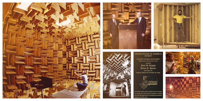 1980 Klipsch History Collage Anechoic Chamber finished Door being built Patent PWK posing in chamber with loudspeaker 2000x1000