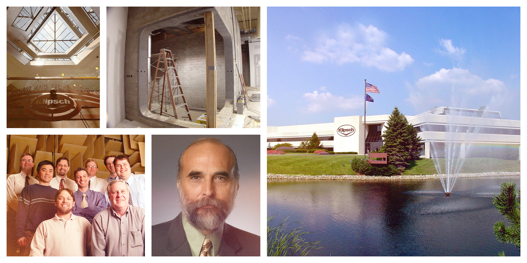 2001 Klipsch History Collage Image of Klipsch employees and headquarters and anechoic chamber being built 2000x1000