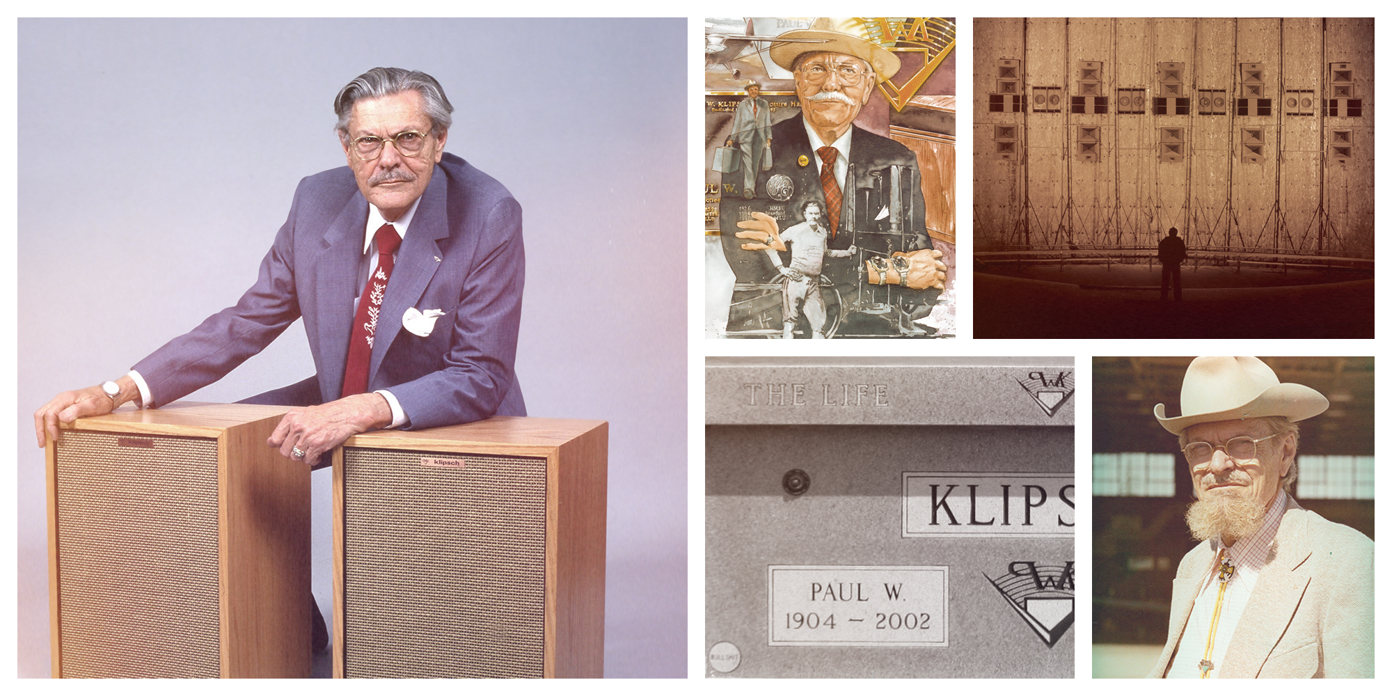 2002 Klipsch History Collage Paul W Klipsch with loudspeakers artwork collage of PWK PWK Headstone and portrait 2000x1000