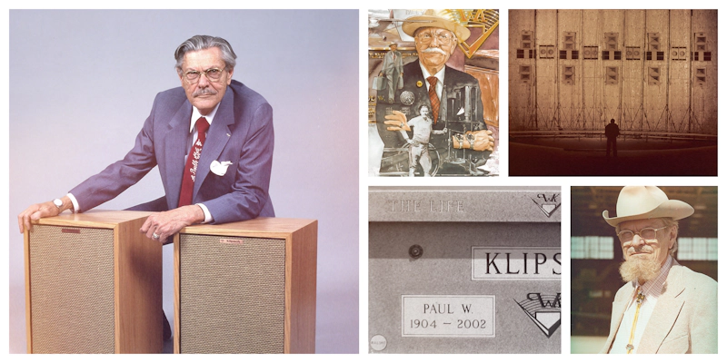 2002 Klipsch History Collage Paul W Klipsch with loudspeakers artwork collage of PWK PWK Headstone and portrait 2000x1000