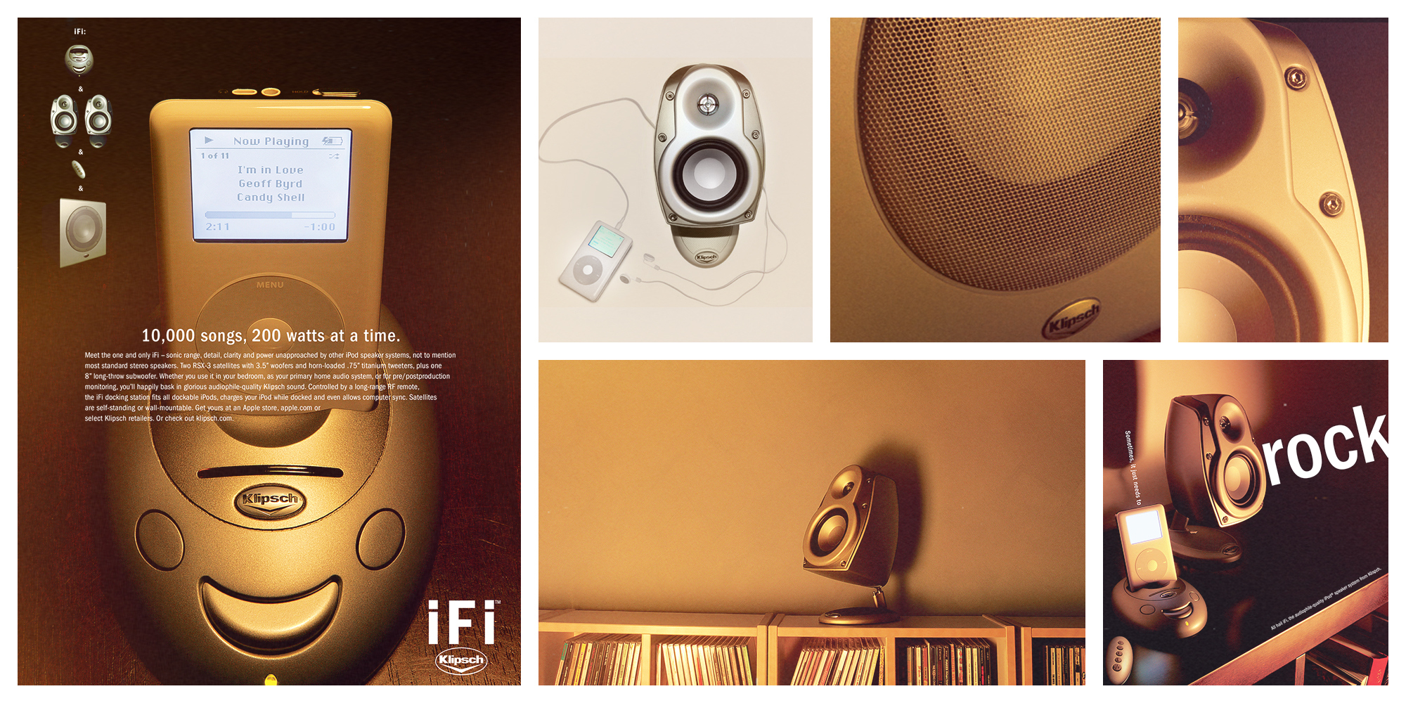 2005 Klipsch History Collage of i Fi i Pod docking system closeups and advertisements 2000x1000