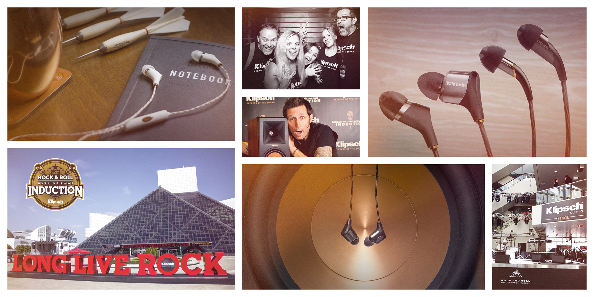 2015 Klipsch History Collage of employees at event and Rock Hall exterior and wired headphones 2000x1000