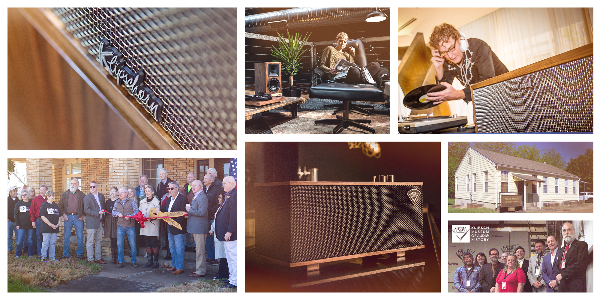 2016 Klipsch History Collage Collection of Klipsch Heritage speakers and museum opening images 2000x1000