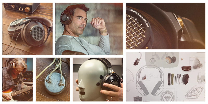 2018 Klipsch History Collage of premium headphones closeups and on musician and audiophile 2000x1000
