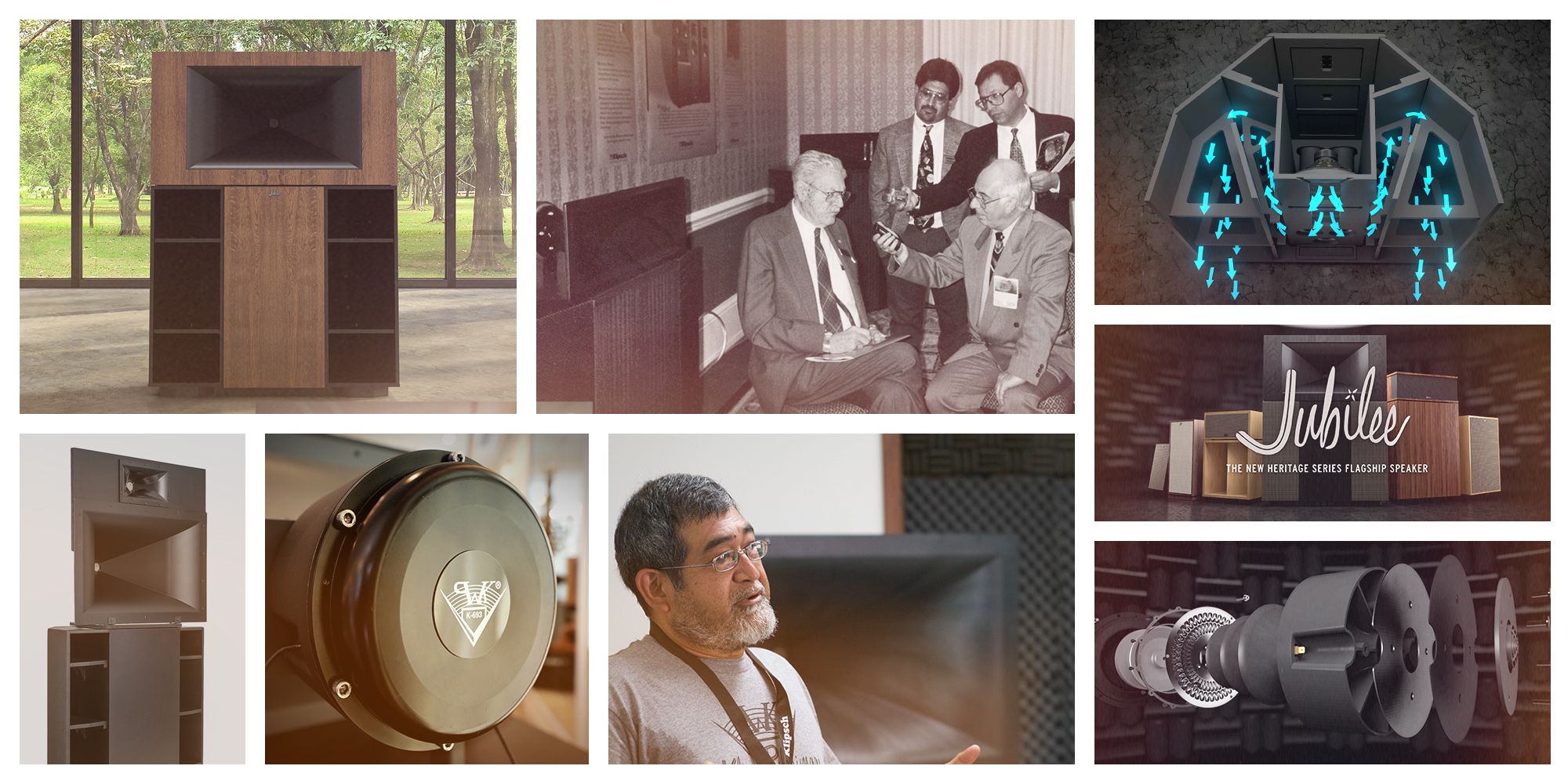 2022 Klipsch History Collage of Klipsch Jubilee product shots and Roy Delgado and speaker internal renders 2000x1000