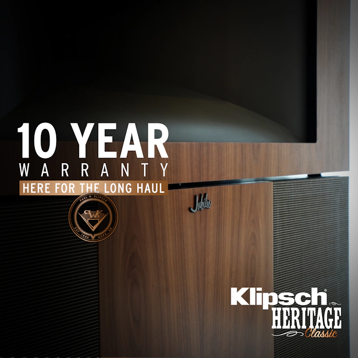 Close up of the Klipsch Jubilee and a Klipsch Heritage Classic logo and 10 year warranty graphic overlaid on the image