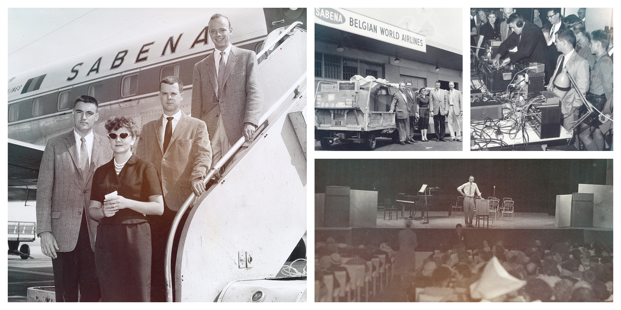 Collage of vintage images small group of people on airplane steps people listening to Klipschorn speakers at worlds fair in Brussels people traveling with Klipsch speakers to worlds fair