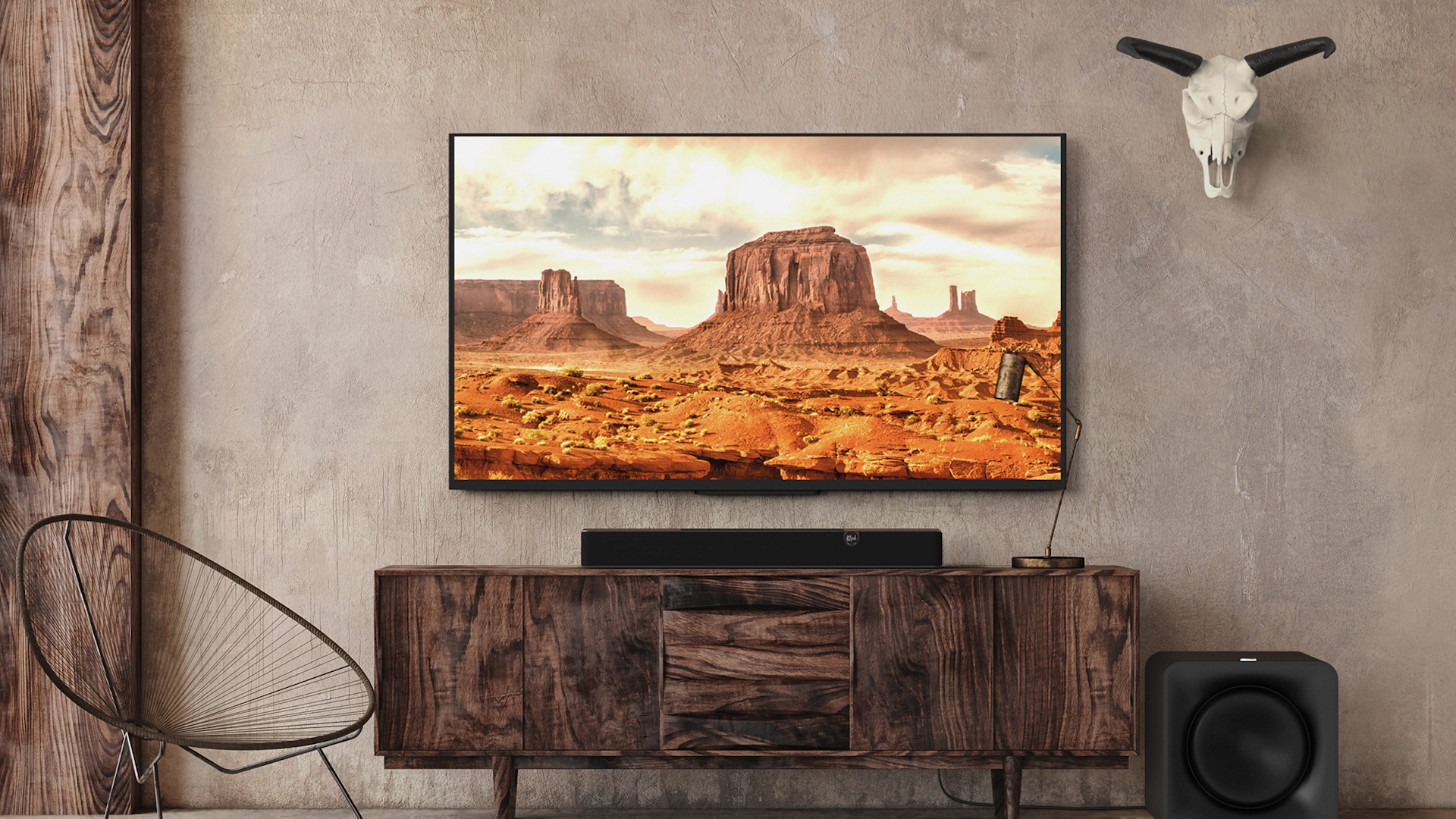 Flexus LP Core 200 on Modern Media Console in Rustic Western Home 2000x1333