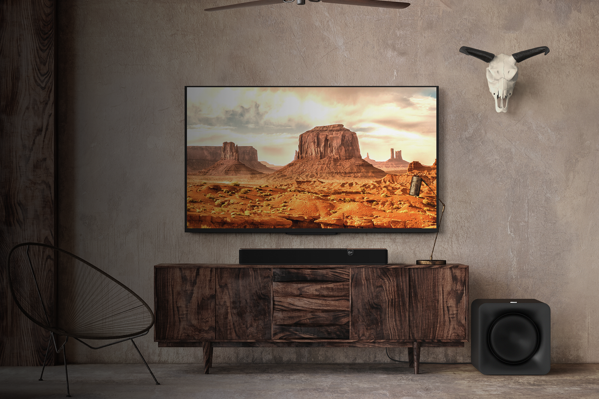 Flexus LP Core 200 on Modern Media Console in Rustic Western Home overlay 2000x1333