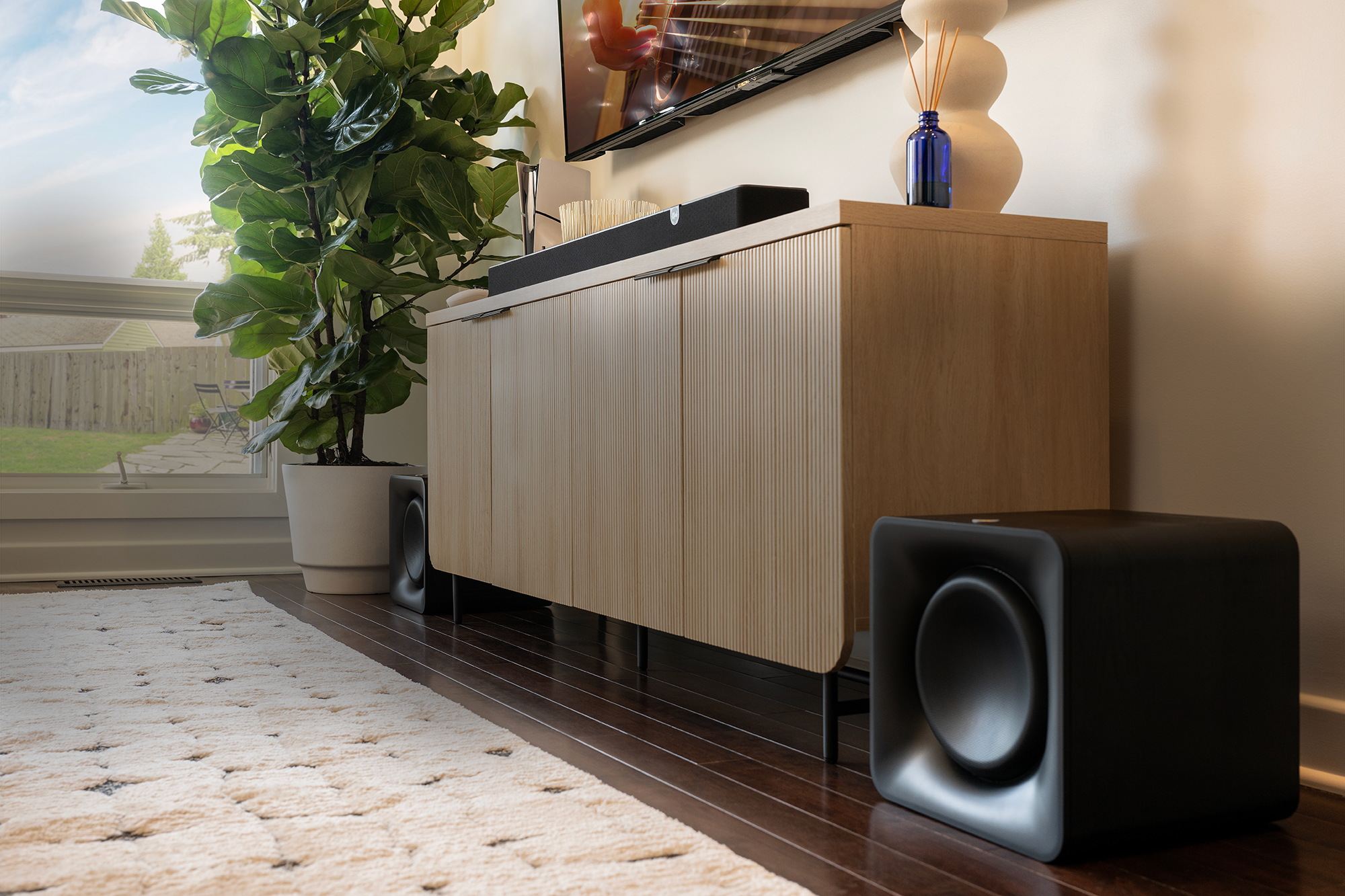 Flexus LP SUB 100 Beside Modern Media Console overlay 2000x1333