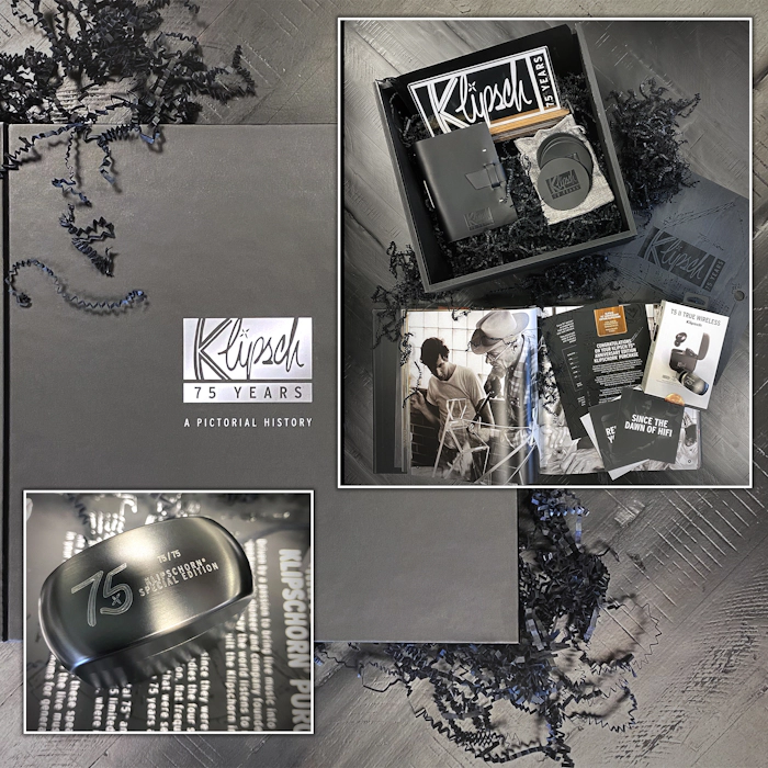 Image of additional items included with the 75th Anniversary Edition Klipsch Heritage Speakers including the 75 Years Pictorial History book a pair of T5 II True Wireless headphones and more mobile