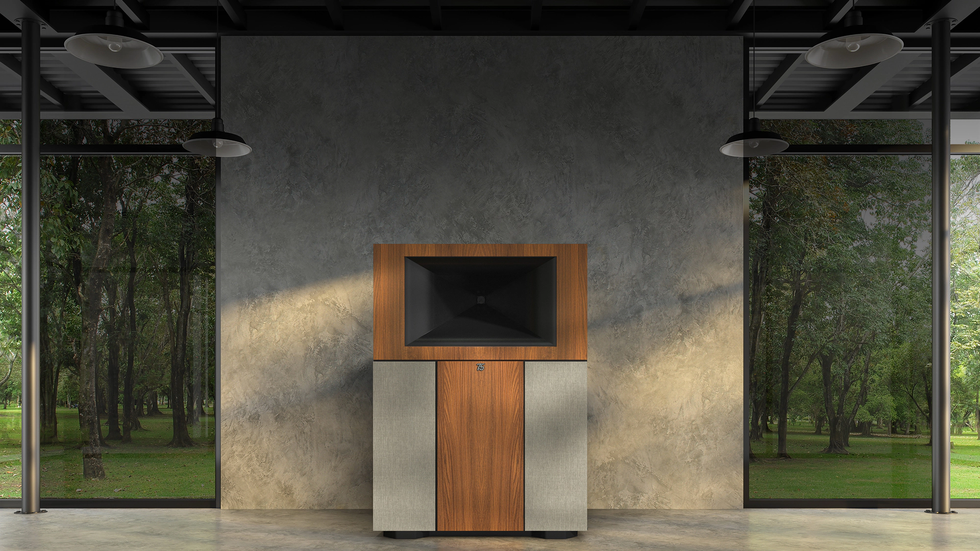 Jubilee 75th Anniversary Edition Floorstanding Loudspeaker agains a wall with a faux marble finish