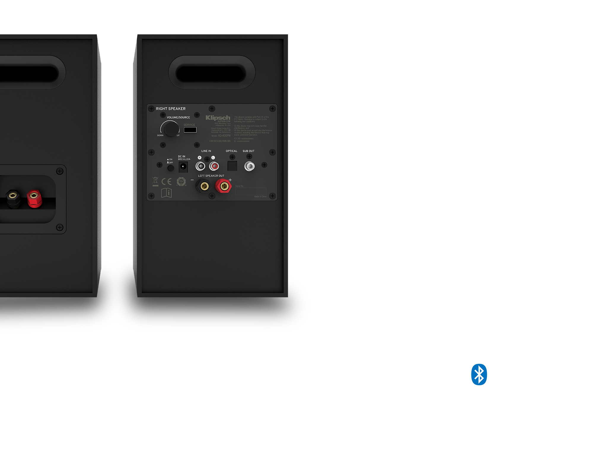 KD 400 Rear Panel view with feature icons for simple setup no receiver needed easily add a subwoofer pc ready tv ready remote included bluetooth logo