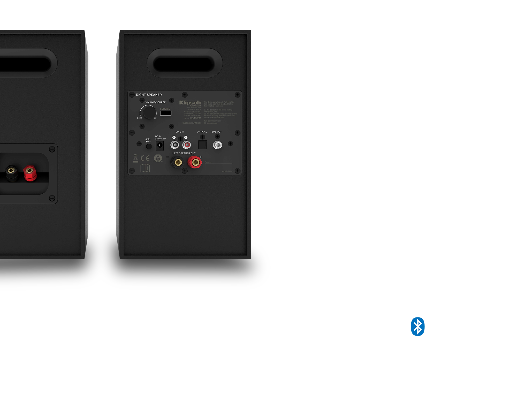 KD 400 Rear Panel view with feature icons for simple setup no receiver needed easily add a subwoofer pc ready tv ready remote included bluetooth logo