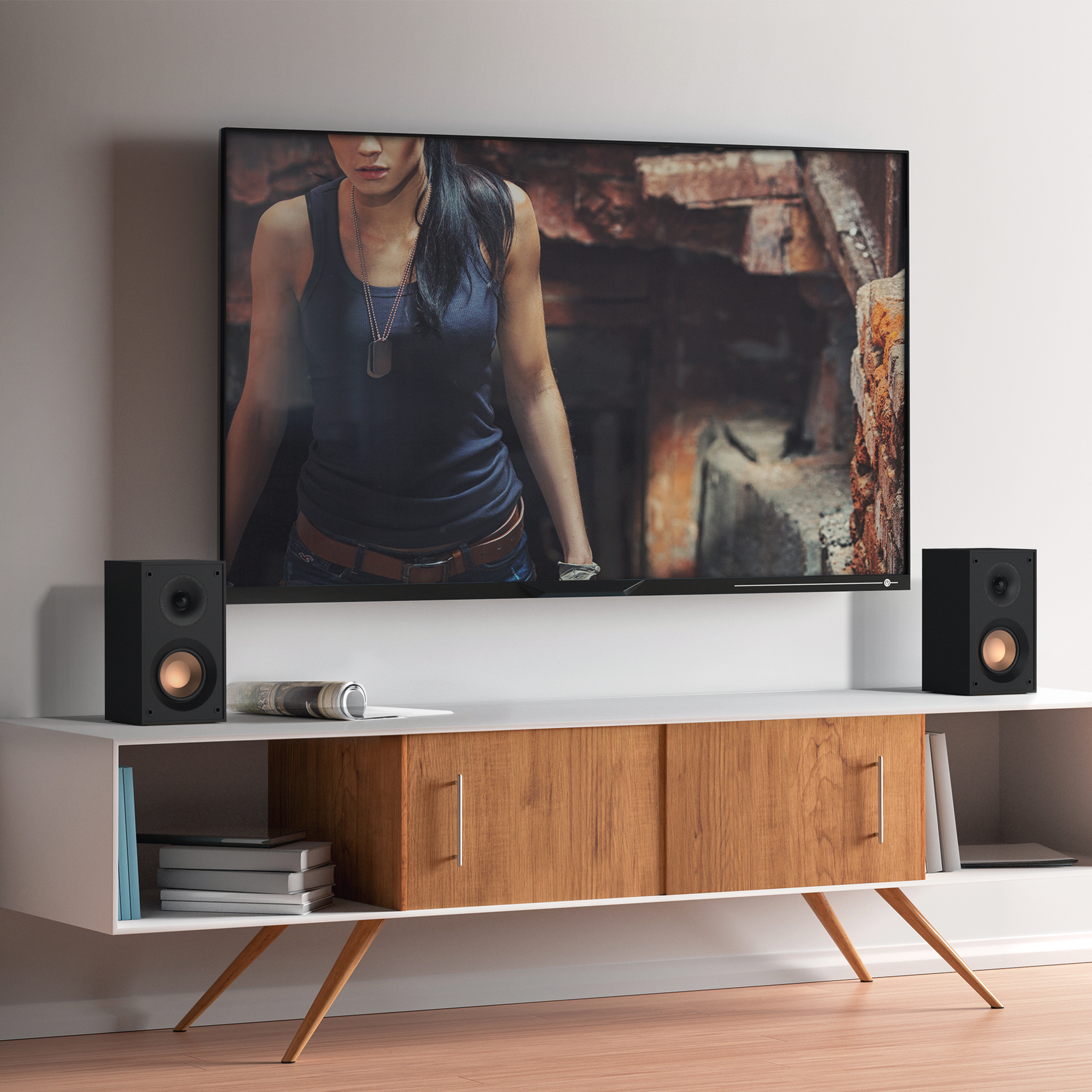 KD 400 on a white and wood credenza under a wall mounted tv mobile