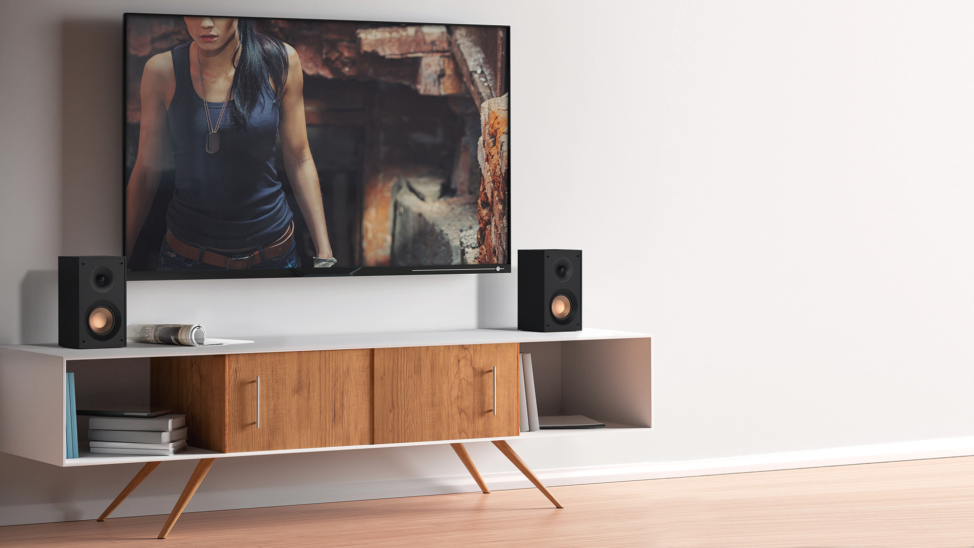 KD 400 on a white and wood credenza under a wall mounted tv