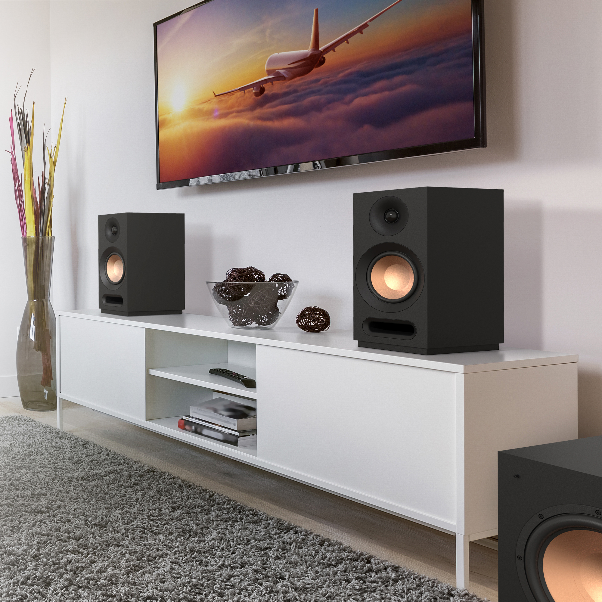 KD 51 M Speakers with grilles off on a white credenza mobile