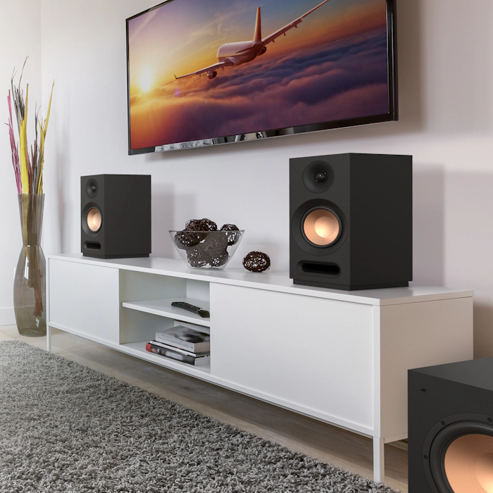 KD 51 M Speakers with grilles off on a white credenza mobile