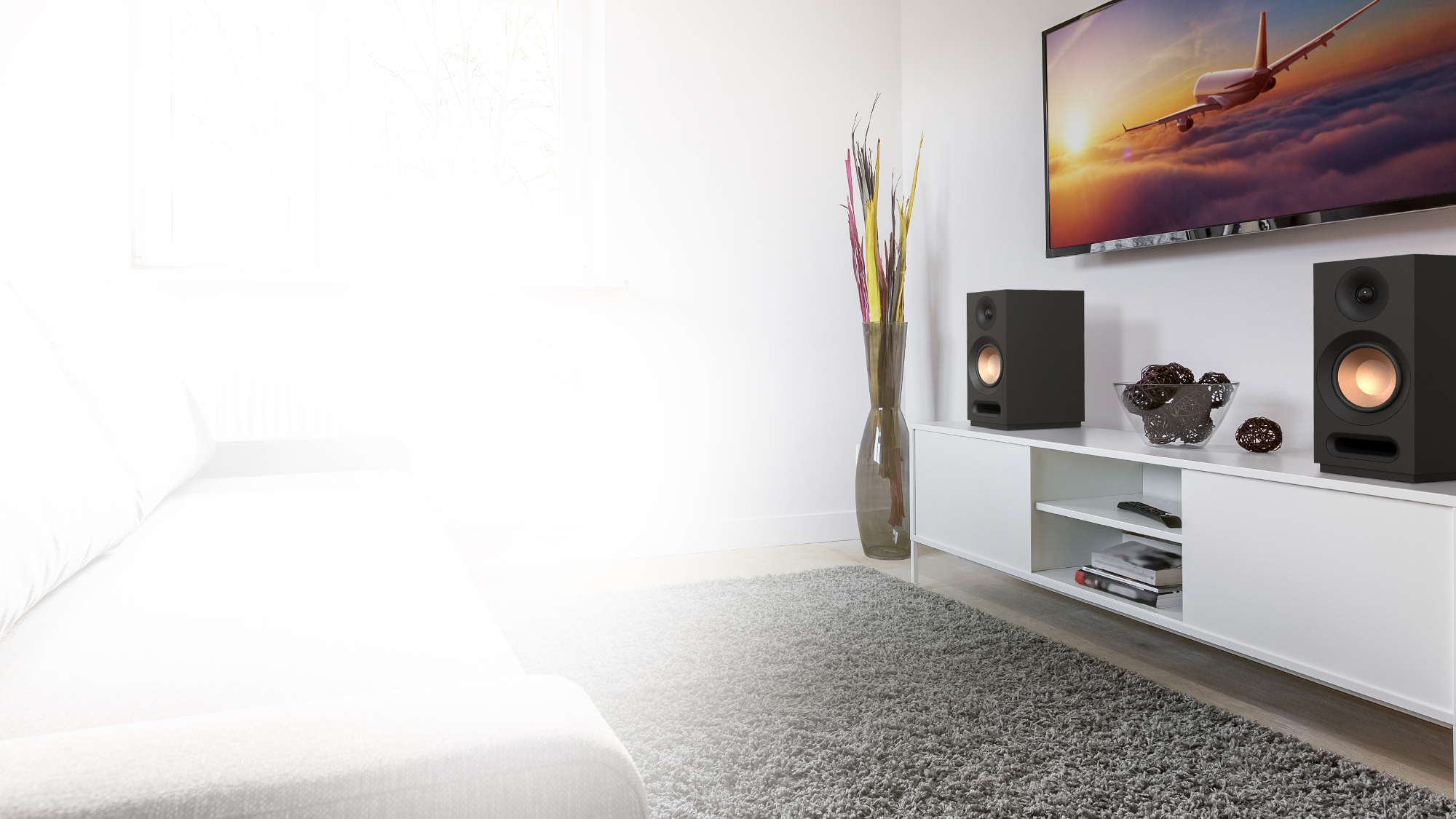 KD 51 M Speakers with grilles off on a white credenza