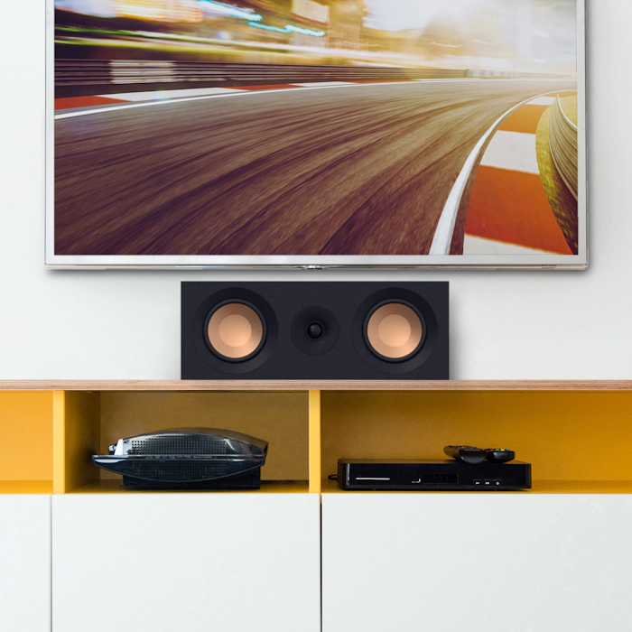 KD 52 C on a white and yellow credenza under a TV with grille off mobile