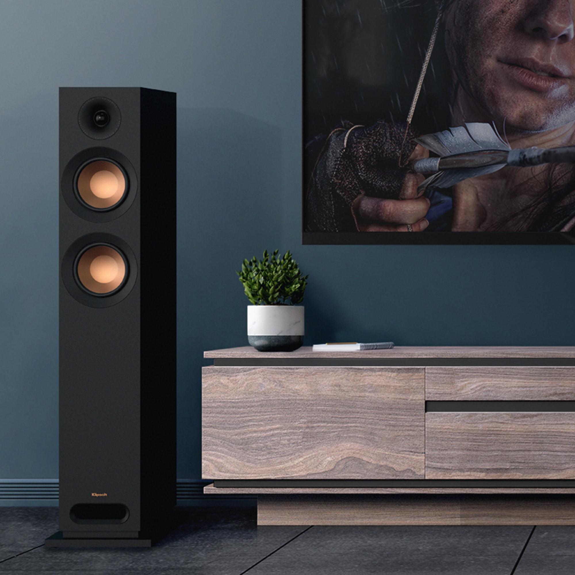 KD 52 F next to a TV and wood credenza with grille off mobile