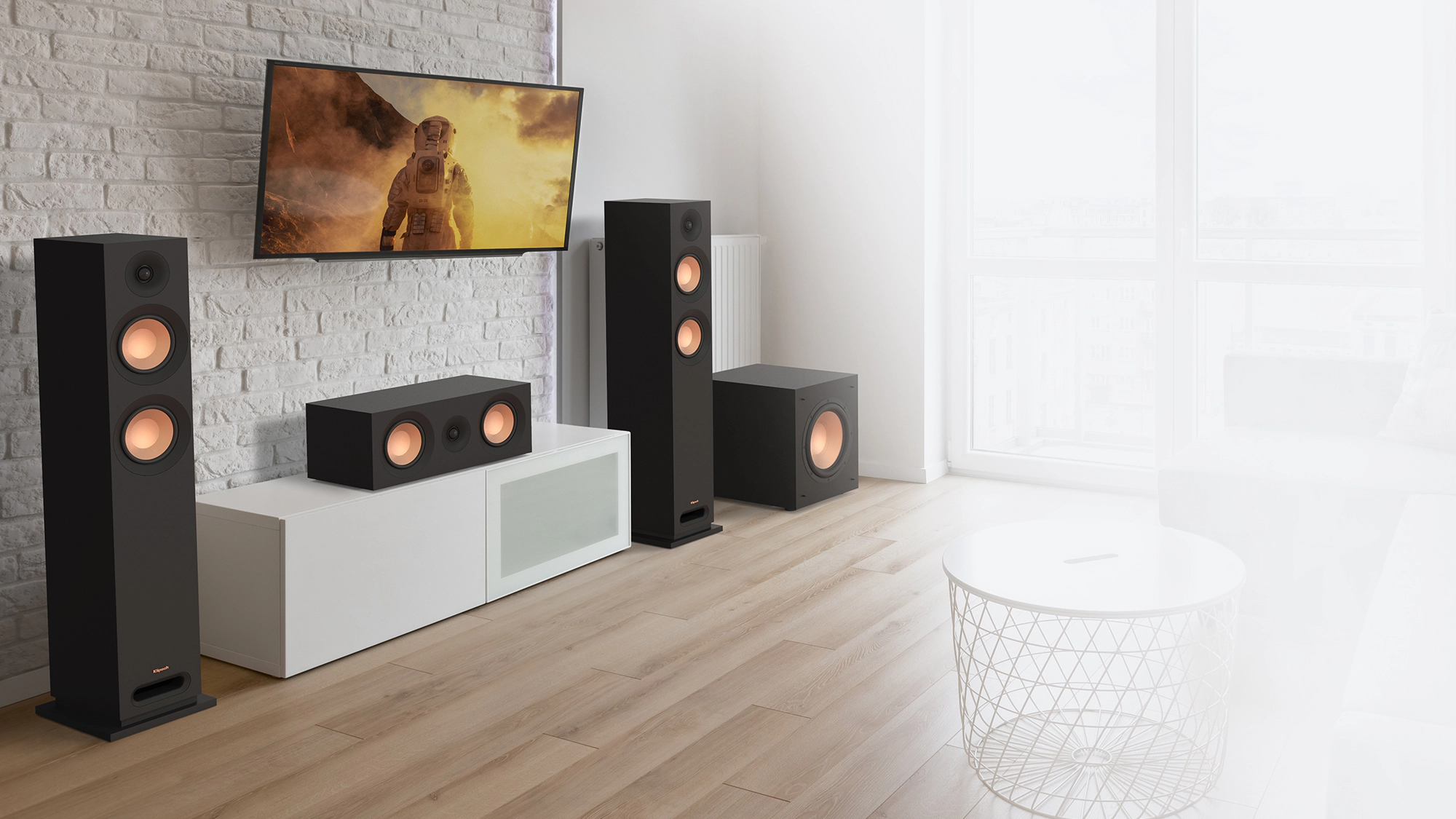 KD Series tower system with grilles off in a living room setting
