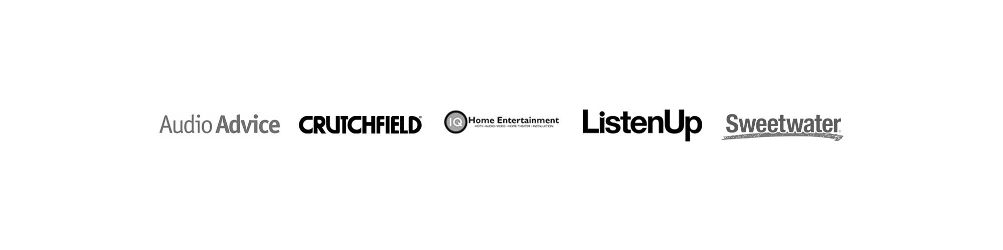 Klipsch 579s Dealer Logos in greyscale Audio Advice Crutchfield IQ H Ome Entertainment Listen Up Sweetwater 2000x500