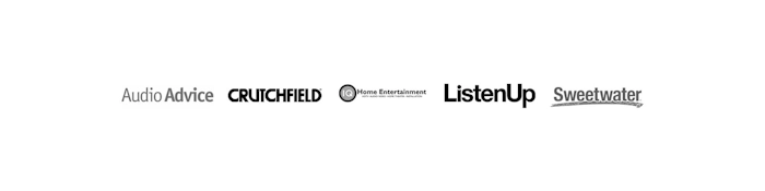 Klipsch 579s Dealer Logos in greyscale Audio Advice Crutchfield IQ H Ome Entertainment Listen Up Sweetwater 2000x500