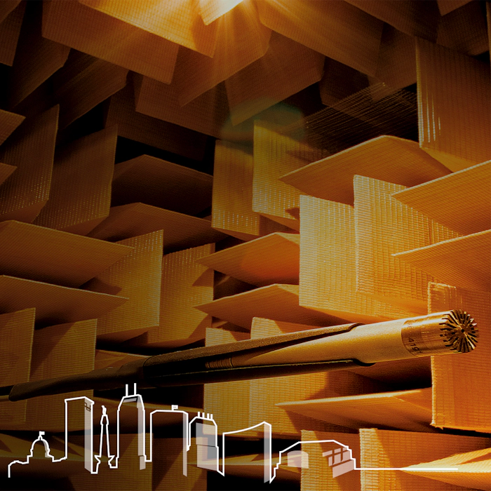 Klipsch Anechoic Chamber with microphone and an outlined silhouette of Indianapolis overlaid on the image mobile
