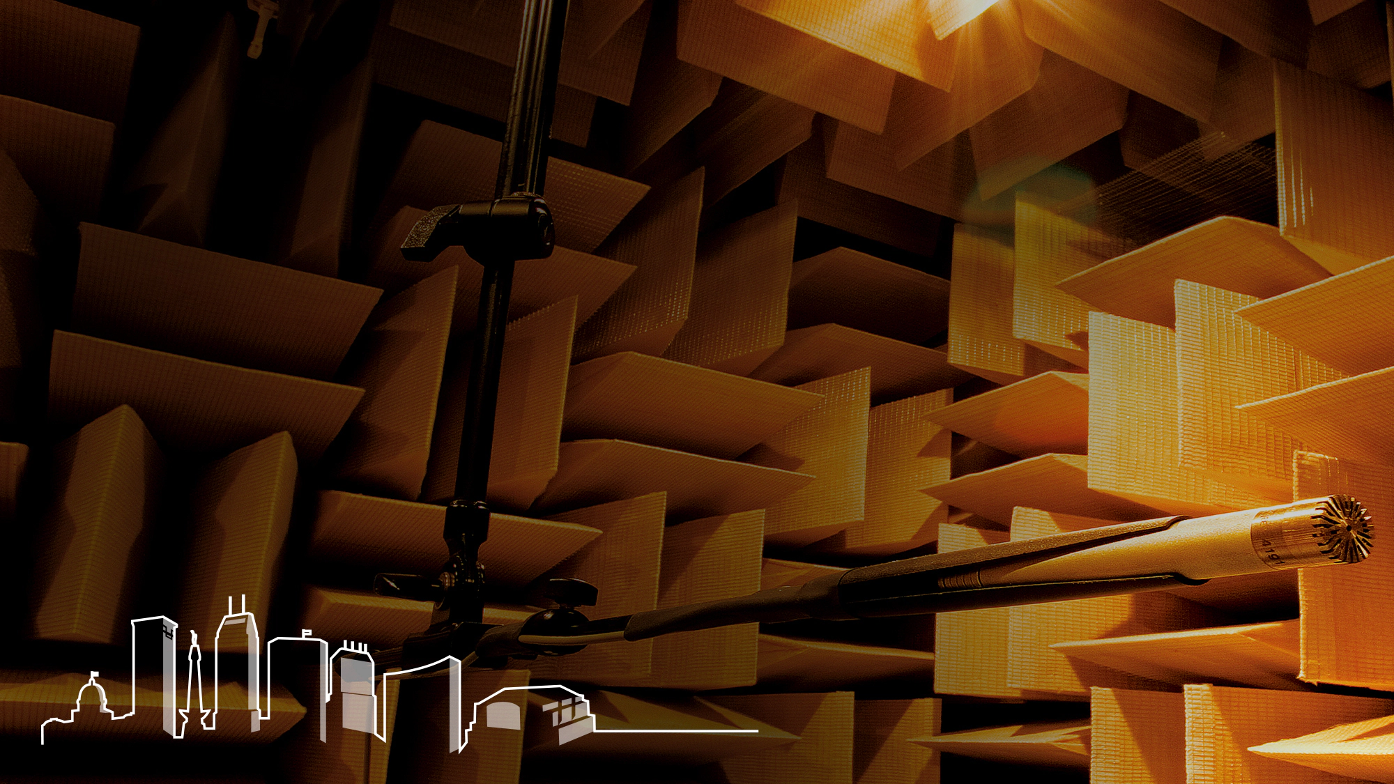 Klipsch Anechoic Chamber with microphone and an outlined silhouette of Indianapolis overlaid on the image