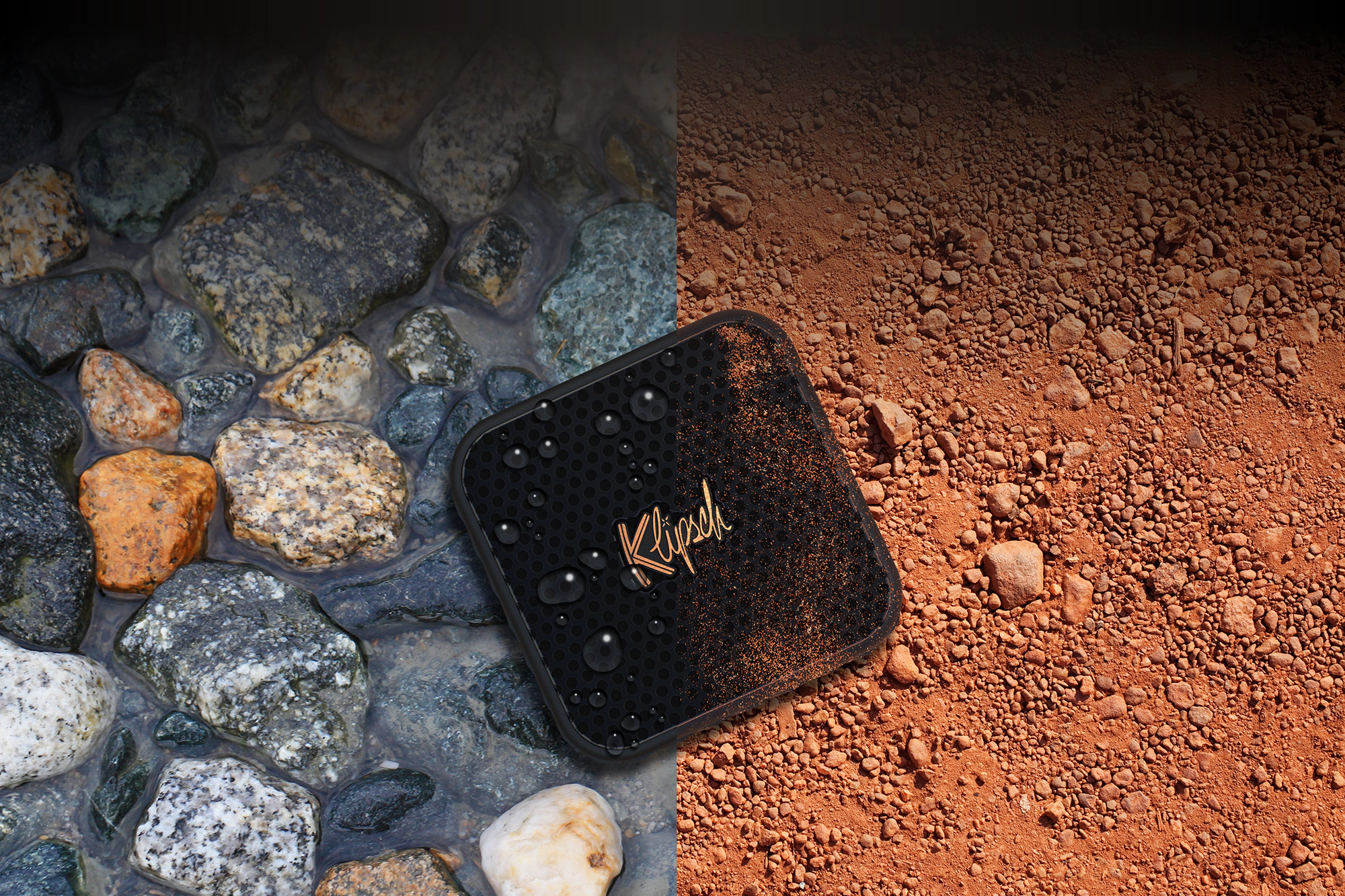Klipsch Austin on split background of river rock and red dirt overlay 2000x1333