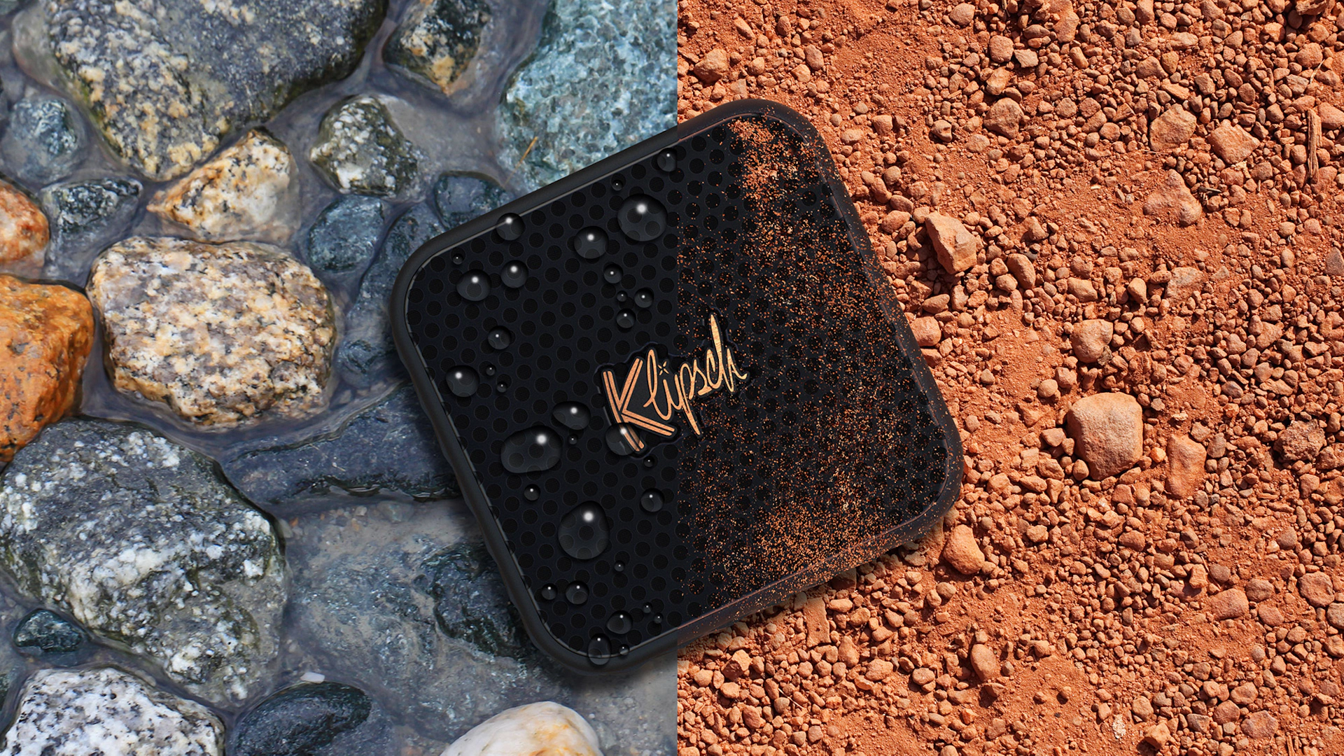 Klipsch Austin on split background of river rock and red dirt overlay 2000x2000