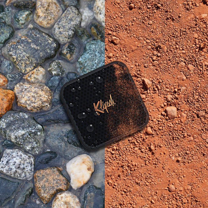 Klipsch Austin on split background of river rock and red dirt overlay 2000x2000