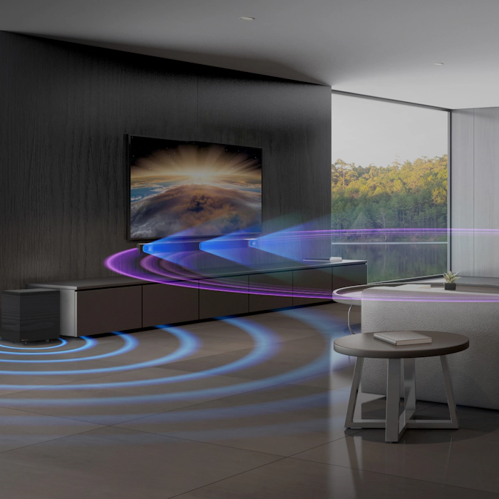 Klipsch Cinema 600 in a living room setting with a depiction of sound waves Mobile