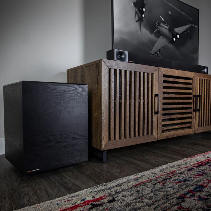 Klipsch Cinema 600 with wireless subwoofer on an entertainment center mobile