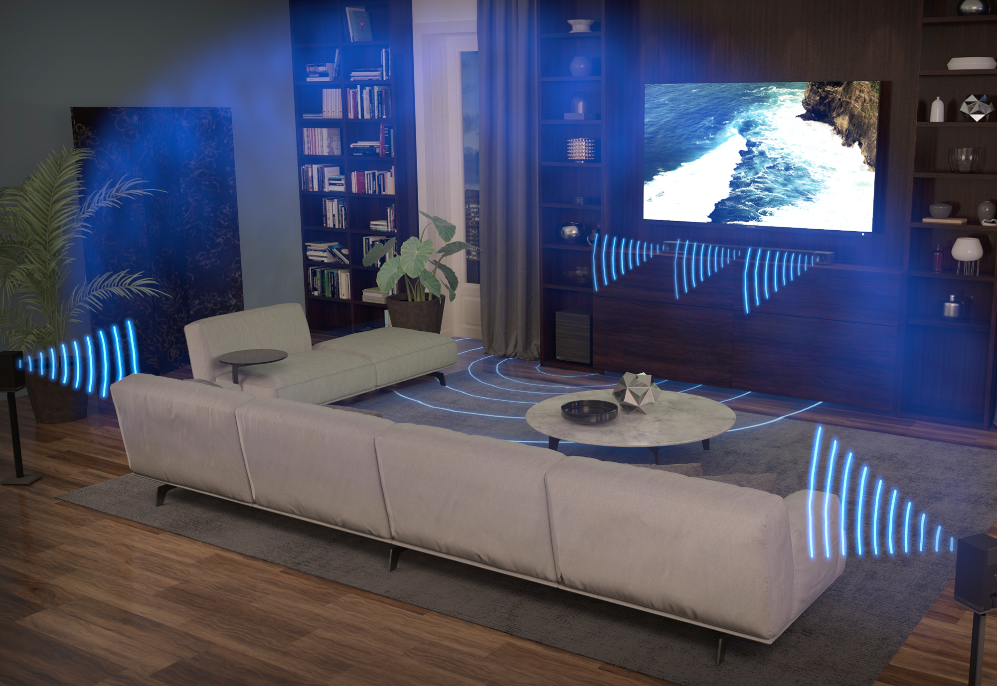 Klipsch Cinema 800 Sound Bar 5 1 system in a living room setting depicting sound with blue sound waves mobile