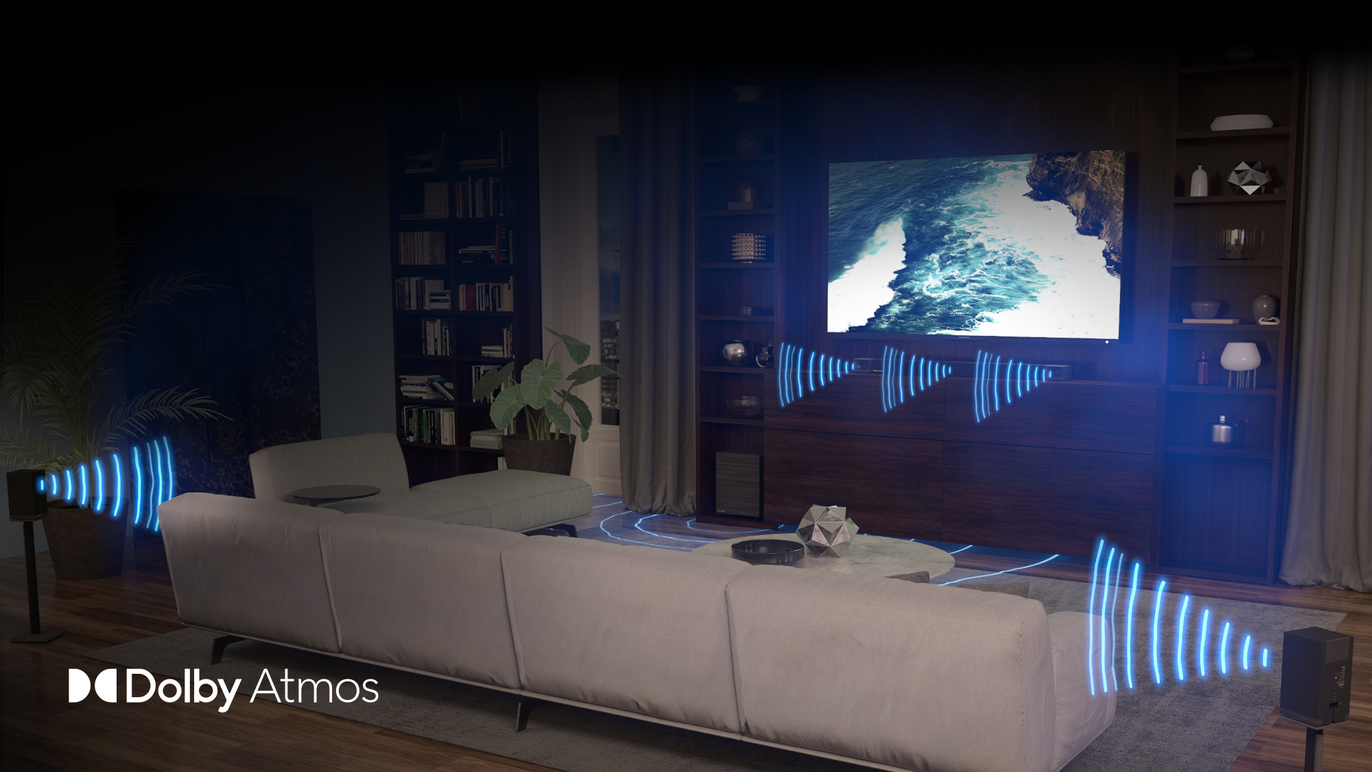 Klipsch Cinema 800 Sound Bar 5 1 system in a living room setting depicting sound with blue sound waves with a Dolby Atmos Logo desktop