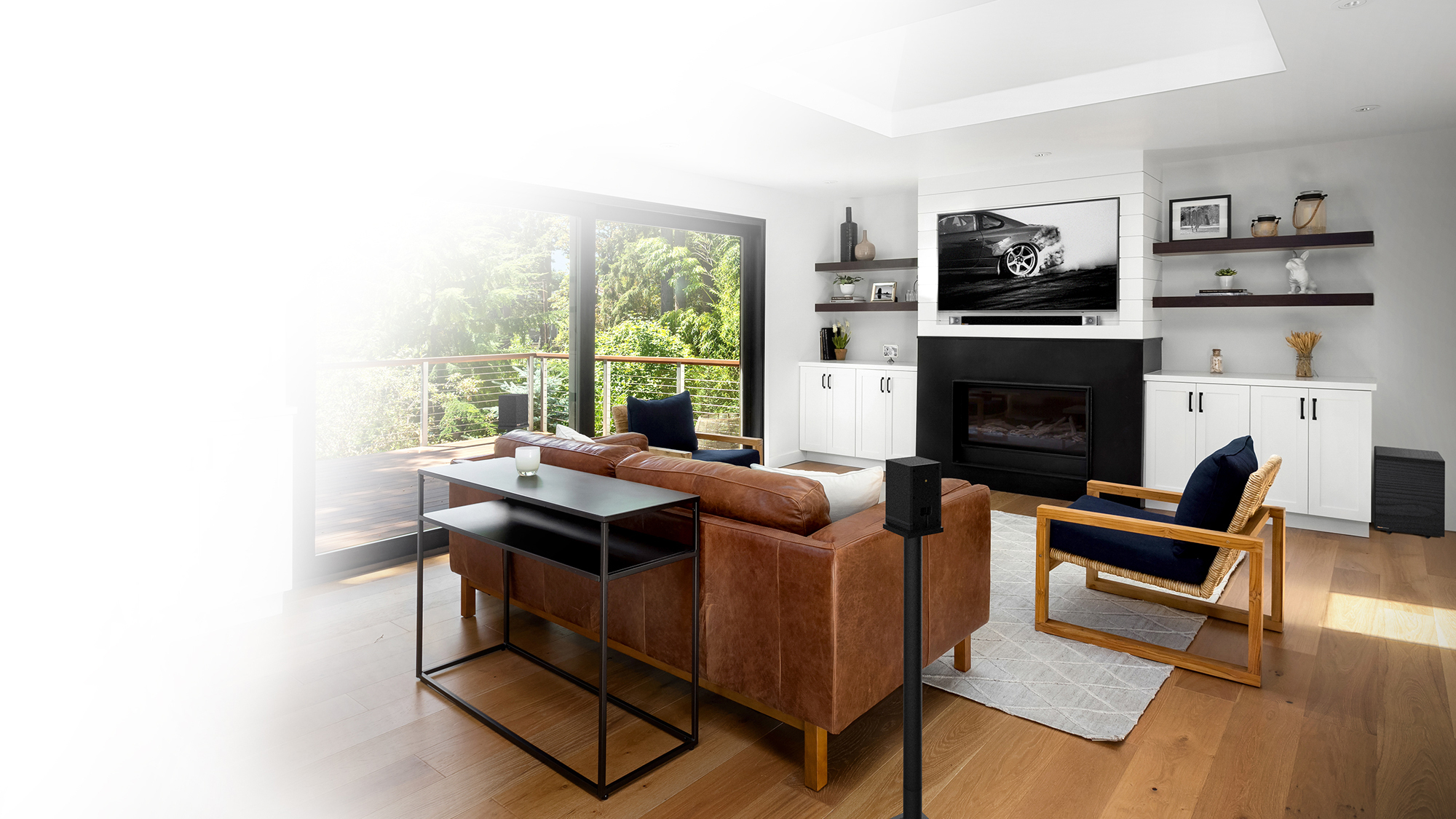 Klipsch Cinema 800 Sound Bar 5 1 system in a living room setting desktop