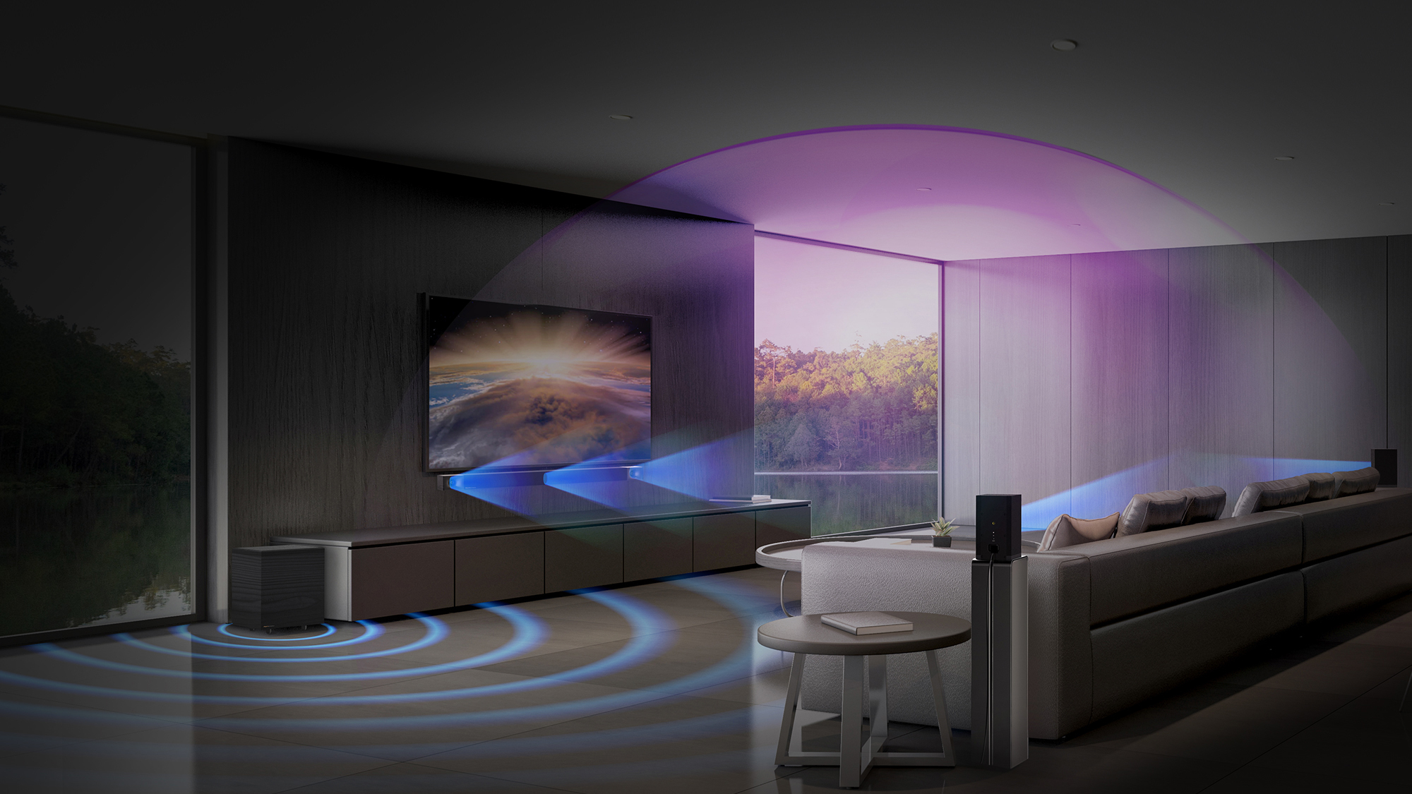 Klipsch Cinema 800 Sound Bar 5 1 system in a living room setting with a depiction of sound waves desktop 1