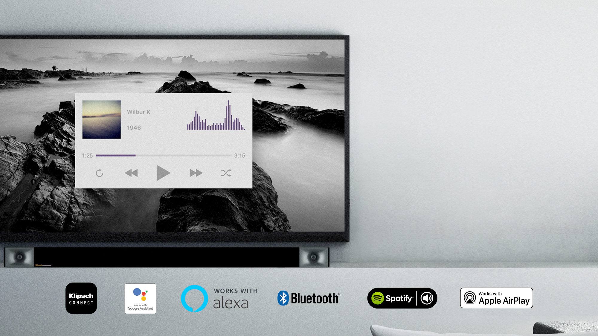 Klipsch Cinema 800 Sound Bar beneath a TV with Klipsch Connect Google Assistant Alexa Bluetooth Spotify and Air Play Logos 2